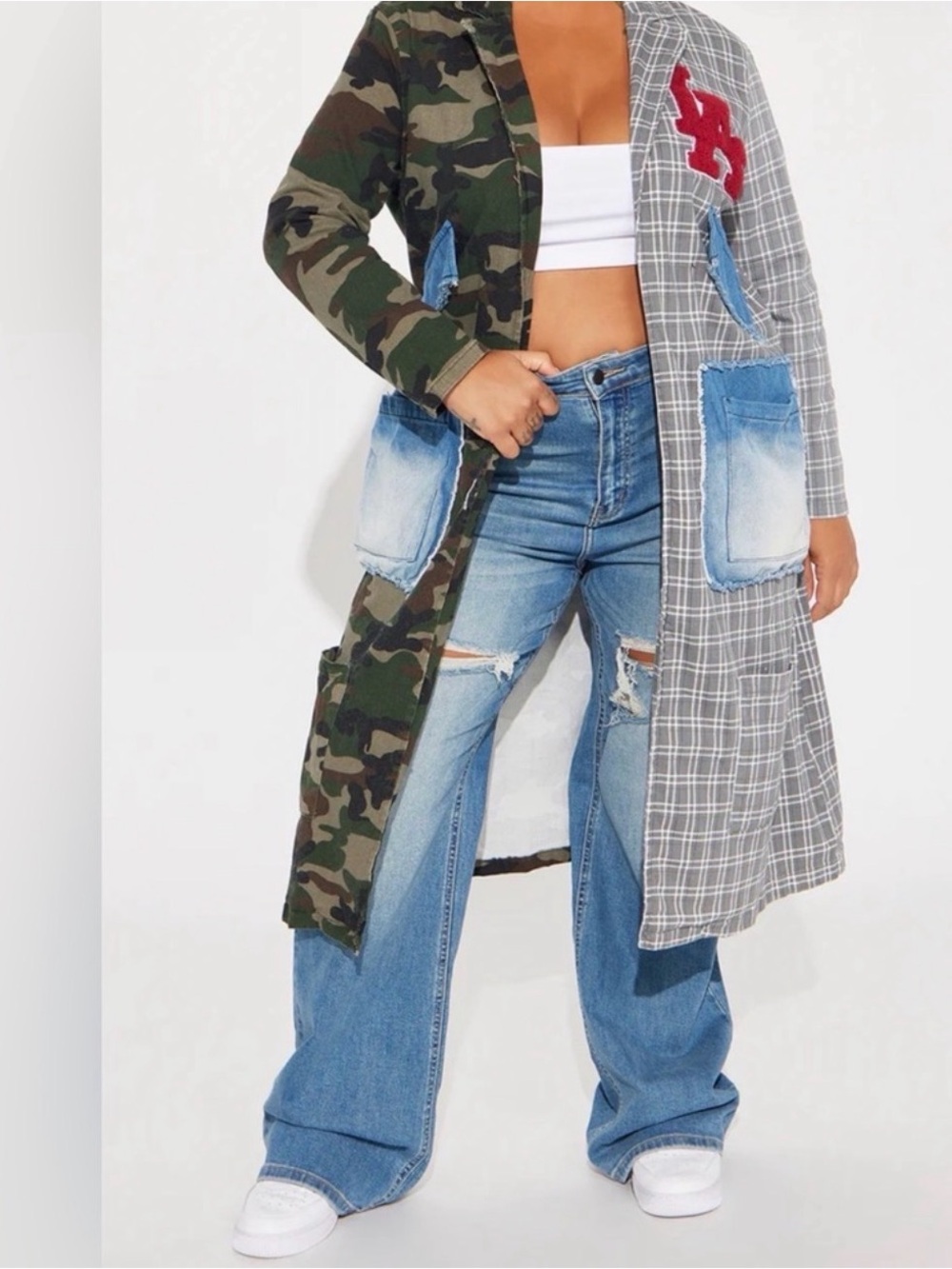 Fashion Nova Two-Tone Camo & Plaid Long Jean Jacket with Denim Patches